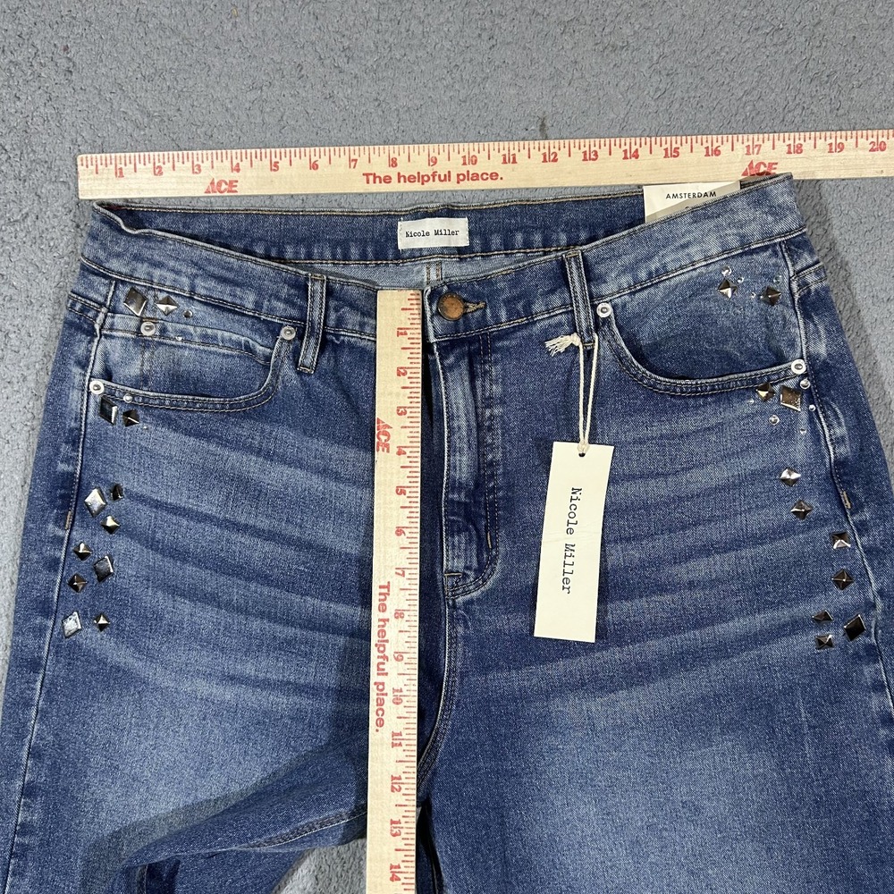 Nicole Miller Amsterdam Mid Rise Wide Leg Blue Jeans Womens 32 Studded #3889 - Picture 8 of 10